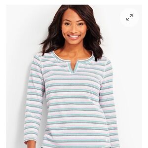 T By Talbots STRIPE NOTCH-NECKLINE TEE Shirt Top Women’s Size Small